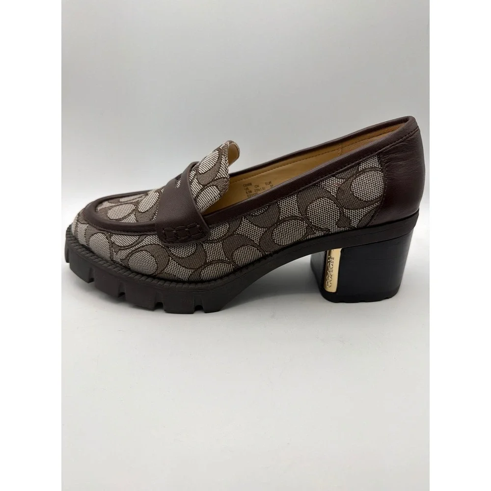 Coach Leah Loafer Signature Jacquard Leather Block Heel Lug Sole Brown Size 6.5